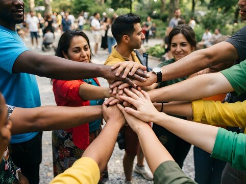 Diverse group of people joining hands in a circle outdoors demonstrating unity