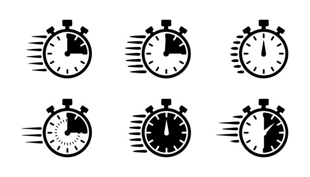 Fast stopwatch icon set with motion lines representing quick performance and rapid time management use.