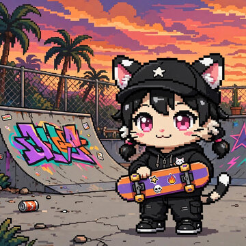 chibi cat skatepark sunset