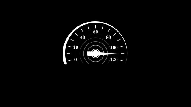 Digital speedometer gauge increasing performance and efficiency indicator white color animation. Car speedometer dashboard. Black background 4k video.