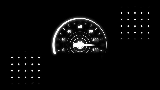 Digital speedometer gauge increasing performance and efficiency indicator white color animation. Car speedometer dashboard. Black background 4k video.