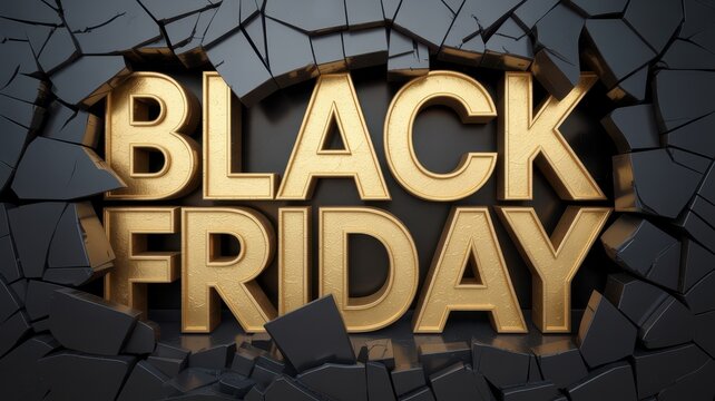 Black Friday Black Friday gold metallic text breaking through dark concrete wall 3D render for retail marketing promotion and shopping event