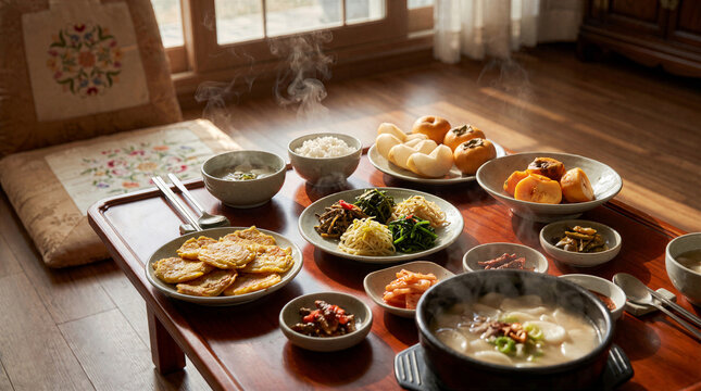 Chuseok Korean Thanksgiving Holiday Feast Traditional Homemade Table Setting Featuring Tteokguk Rice Cake Soup Namul Vegetable Sides Korean Pancakes Jeon Steam Fresh Seasonal Fruit Sunlight Indoor, 추석