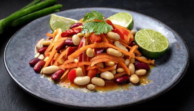 vibrant papaya salad with chili lime peanuts and beans on a plate