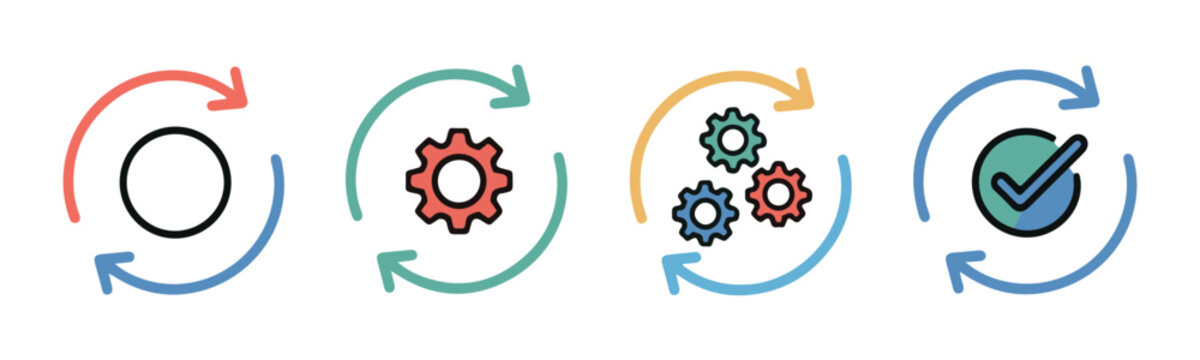 Circular process workflow steps with colorful arrows depict development cycle from start to completion.