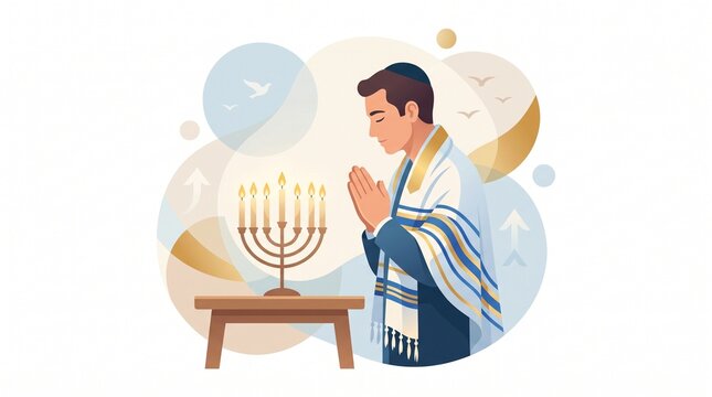 Man praying with lit menorah during hanukkah