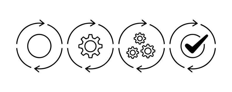 Circular arrows process flow outline icons indicating workflow progression and completion with a checkmark.