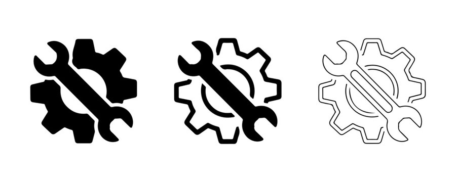 Gear and wrench icon set with black linear and solid styles for technical repair and machine services.