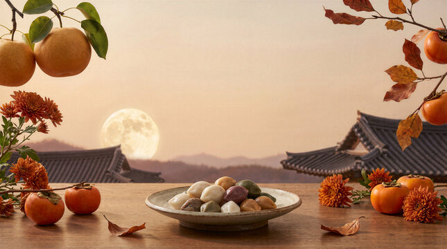 Mid Autumn Festival, Chuseok Korean Thanksgiving Traditional Holiday Celebration Scene Featuring Songpyeon Rice Cakes on Ceramic Plate, Persimmons Chrysanthemums Full Moon, Hanok Roof Background, 추석
