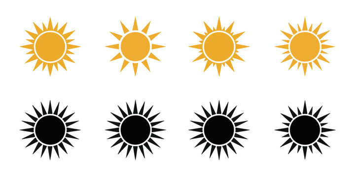 Sun icon set with yellow and black solid styles for weather forecasting or climate report illustrations.