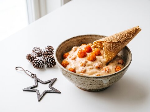 Norwegian Multekrem in a Bowl with Krumkake Cone and Metal Christmas Star