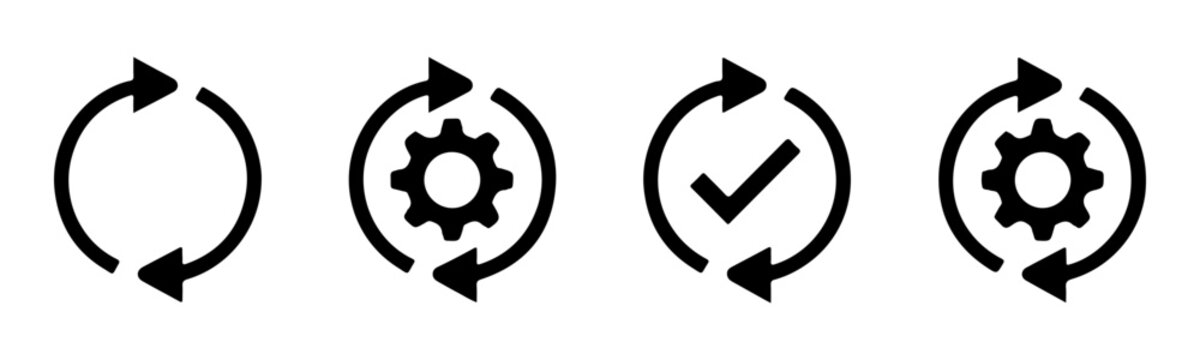 Process and gear icon set with circular arrows for workflow management and technical system updates.