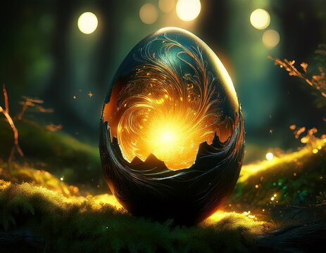 a cracked dark egg glows with bright inner light enveloped by swirling golden energy in a forest it rests on mossy ground