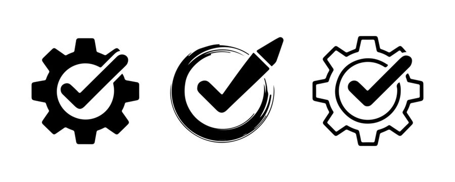 Industrial quality assurance icons featuring check marks inside solid and outlined mechanical gears.