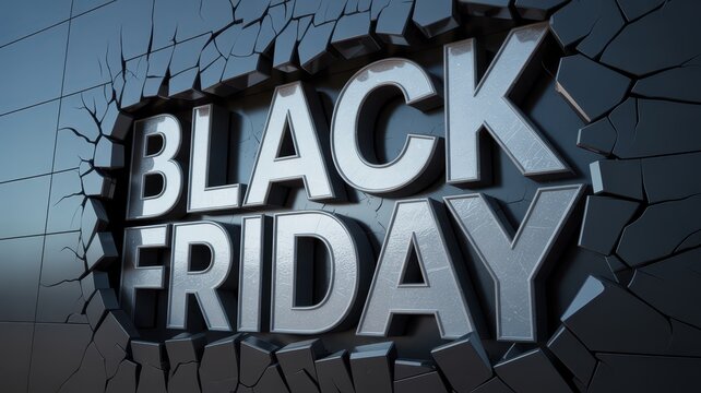 Black Friday Silver Black Friday text breaking through dark concrete wall 3D render for high-tech retail marketing and shopping event