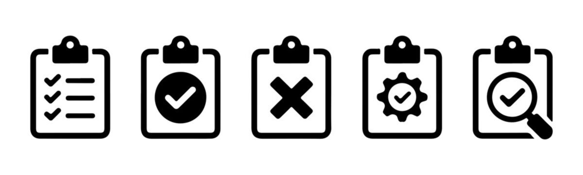 Business clipboard icons set including checklist success cross gear and search symbols for workflow.
