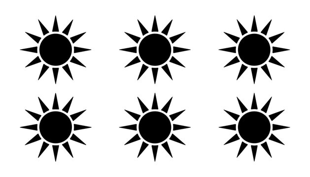 Sunburst geometric icons representing brightness and solar energy in minimalist black vector pattern.