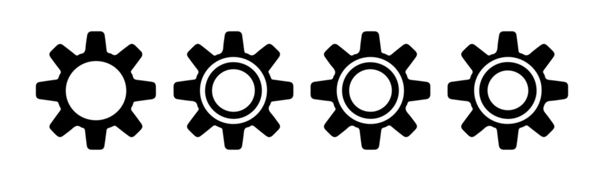 Minimal gear icons set in black flat style for technical industrial settings and software interfaces.