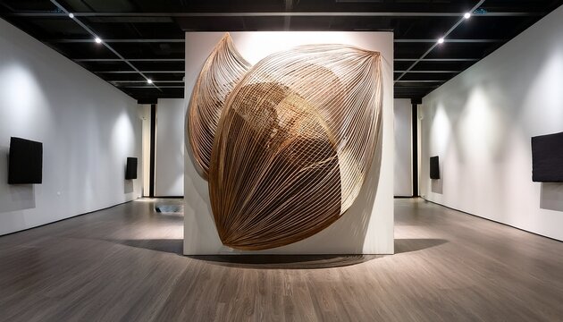 a modern abstract sculpture on display in a gallery with natural light