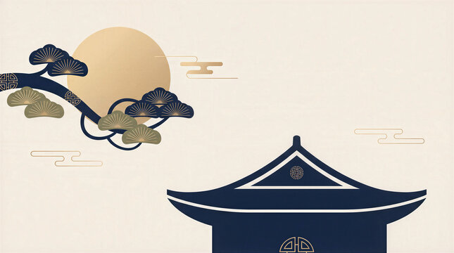 Chuseok Korean Thanksgiving Holiday Background Minimalist Design Featuring Traditional Hanok Architecture Roof Silhouette Pine Branch Golden Full Moon Decorative Clouds Lunar Festival Celebratory, 추석