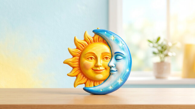 Half sun half moon decorative sculpture on a wooden table indoors  
