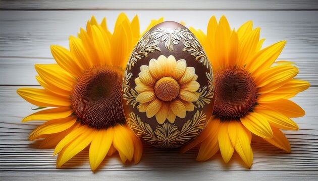 a decorative egg surrounded by vibrant sunflowers against a light wooden backdrop