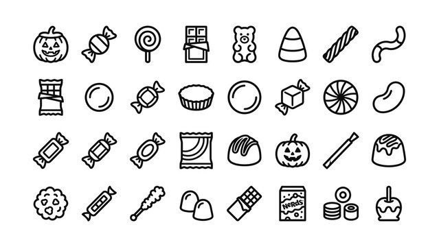 Collection of various Halloween and candy icons with transparent backgrounds