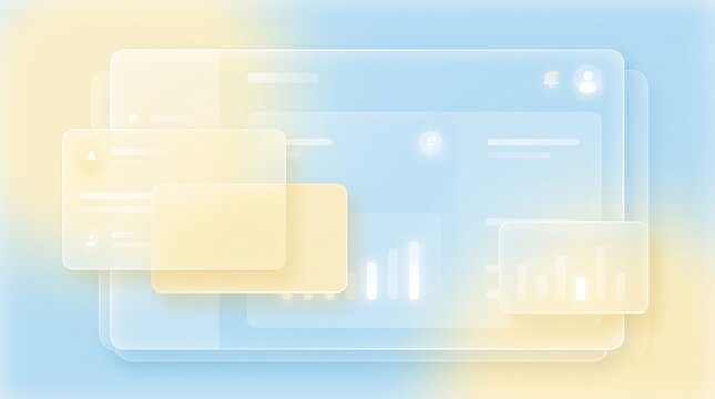 Glassmorphism interface dashboard with floating translucent panels and business data chart