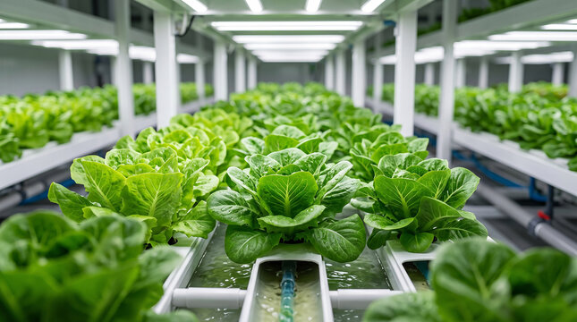 Indoor vertical farm with rows of fresh green lettuce and artificial lights