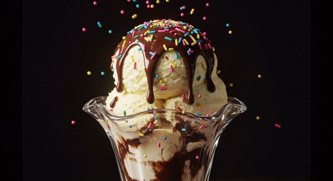 Vanilla Ice Cream Sundae with Chocolate Sauce and Sprinkles Isolated