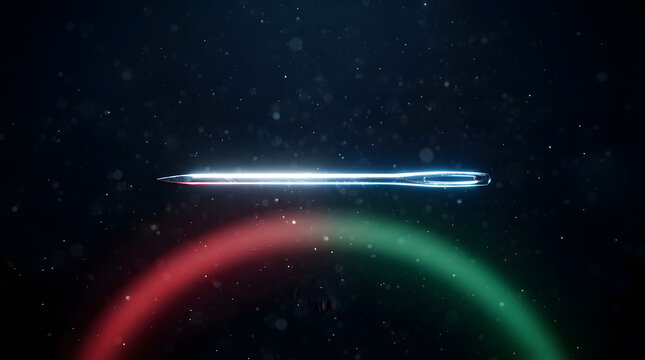 Glowing metallic sewing needle in dark space | Futuristic abstract digital art background | Creative light flare and bokeh particles | Floating needle with colorful light arc