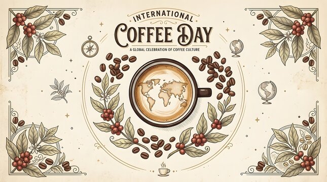 Coffee beans branches and a world map in a cup vintage vector illustration