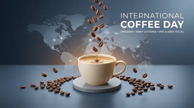 Coffee cup with beans and world map backdrop promotional still life