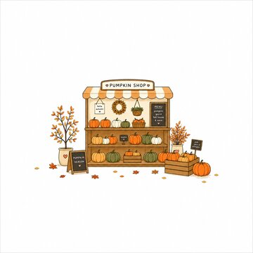 Cute pumpkin shop illustration with colorful pumpkins and autumn decorations
