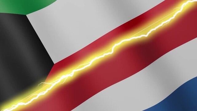 Two waving flags Kuwait and Netherlands with diagonal lightning seamless, 4k loop
