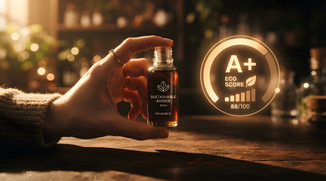Eco-friendly sustainable beauty packaging | A-plus eco score rating for skincare products | Sustainable amber glass bottle with holographic interface | Ethical consumerism environmental impact