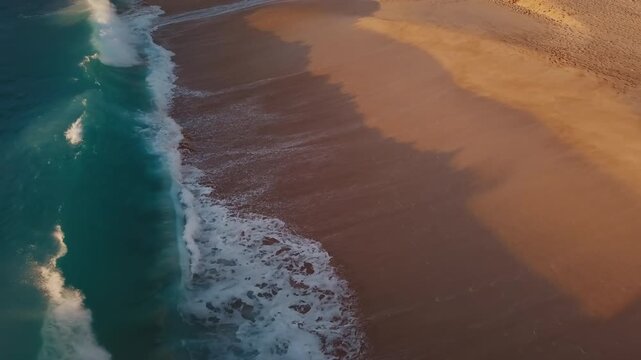 Aerial view of the sandy beach with powerful waves