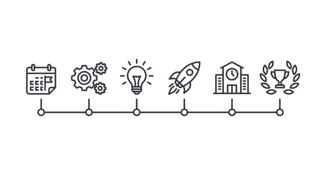 Minimalist business timeline infographic, linear roadmap with thin line icons, corporate strategy process flow on white background