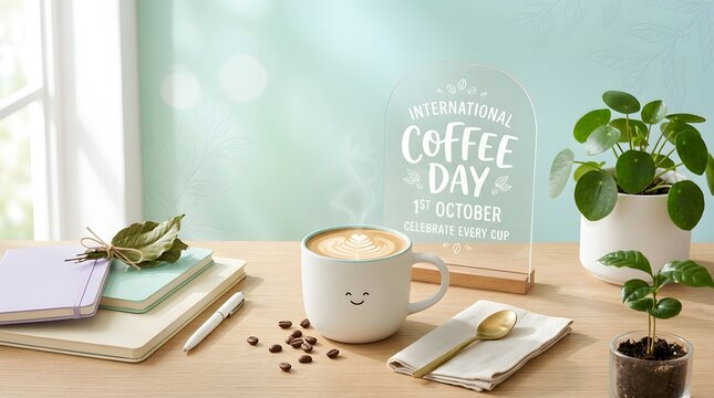 Coffee cup with latte art sits on a wooden surface with plants
