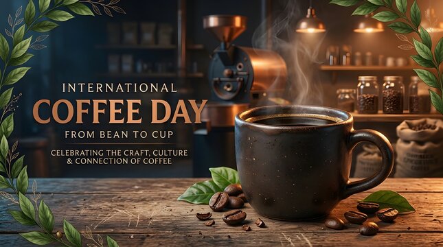 Coffee cup with beans and brewing machine in a cafe setting