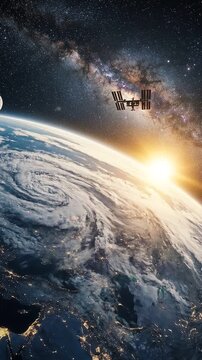 Stunning view of Earth from space at sunrise, featuring the International Space Station, moon, and a vibrant Milky Way galaxy against a starry background.