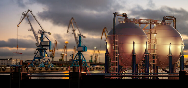 LNG terminal. Spherical gas storage tanks stand at a seaport with cargo cranes, supporting liquefied natural gas storage, handling and marine logistics.