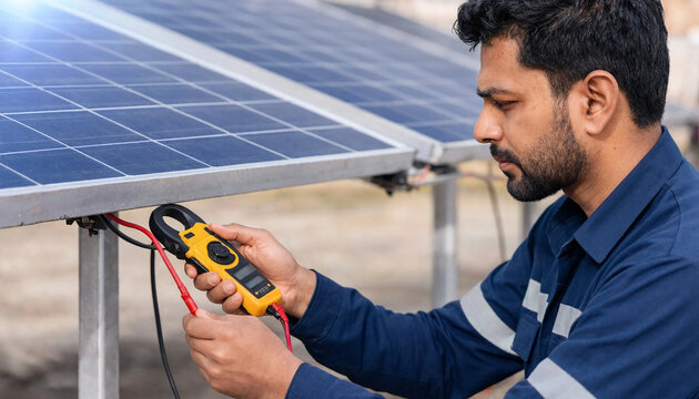 Technician uses a handheld clamp meter to test wiring on a ground-mounted solar panel array outdoors. Close-up shows multimeter leads and panel frame details.
