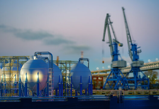 Gas storage terminal. Spherical gas tanks and pipelines operate at a marine port with cargo cranes for fuel storage, distribution and transportation.