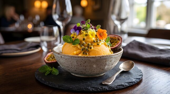 Authentic Thai Ice Cream Culture Gourmet Mango Sorbet with Edible Flowers and Fresh Passion Fruit in Elegant Restaurant Setting