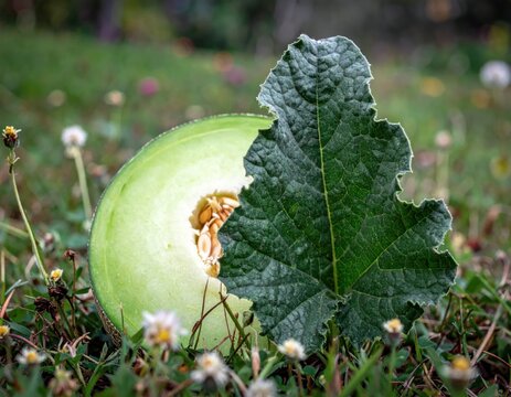 Honeydew melon slice in sunny field garden