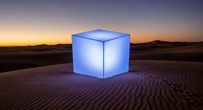 Glowing blue cube light sitting on sand dunes in a desert at sunset