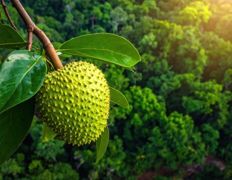 Green soursop fruit hanging from tropical tree branch.
