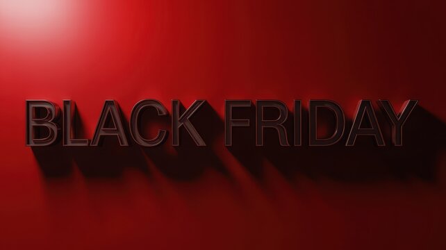 Black Friday Bold Black Friday metallic text with deep shadow effect on a vibrant red wall backdrop for professional promotional marketing