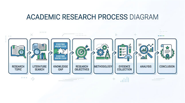 Academic research process flow chart with eight steps and icons